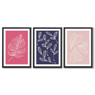 Pink and Purple Sketch Leaves Set of 3 Framed Art Prints with Black Wooden Frames