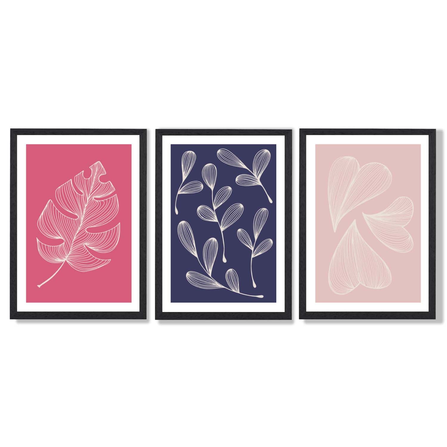 Pink and Purple Sketch Leaves Set of 3 Framed Art Prints with Black Wooden Frames