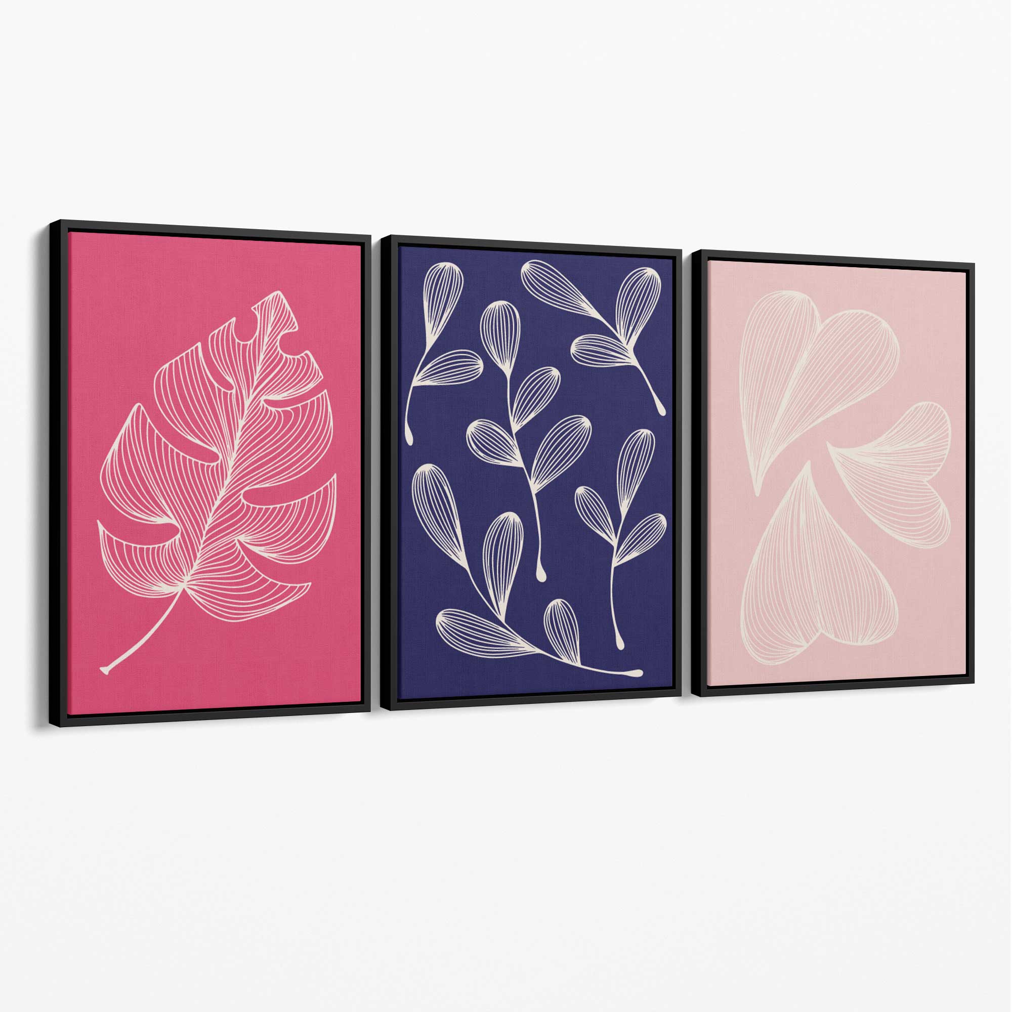 Pink and Purple Sketch Leaves Set of 3 Canvas Art Prints with Black Float Frame