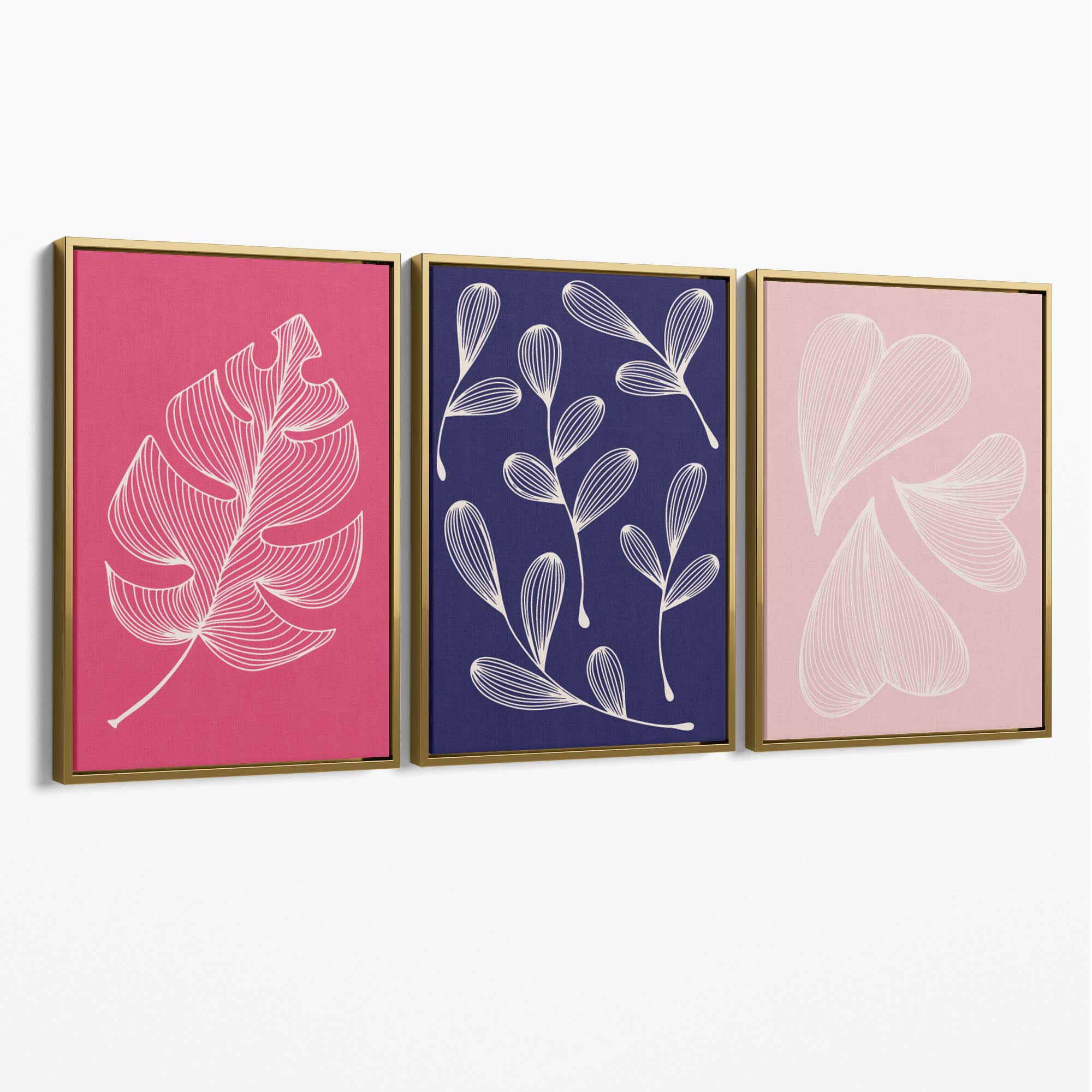 Pink and Purple Sketch Leaves Set of 3 Canvas Art Prints with Gold Float Frame