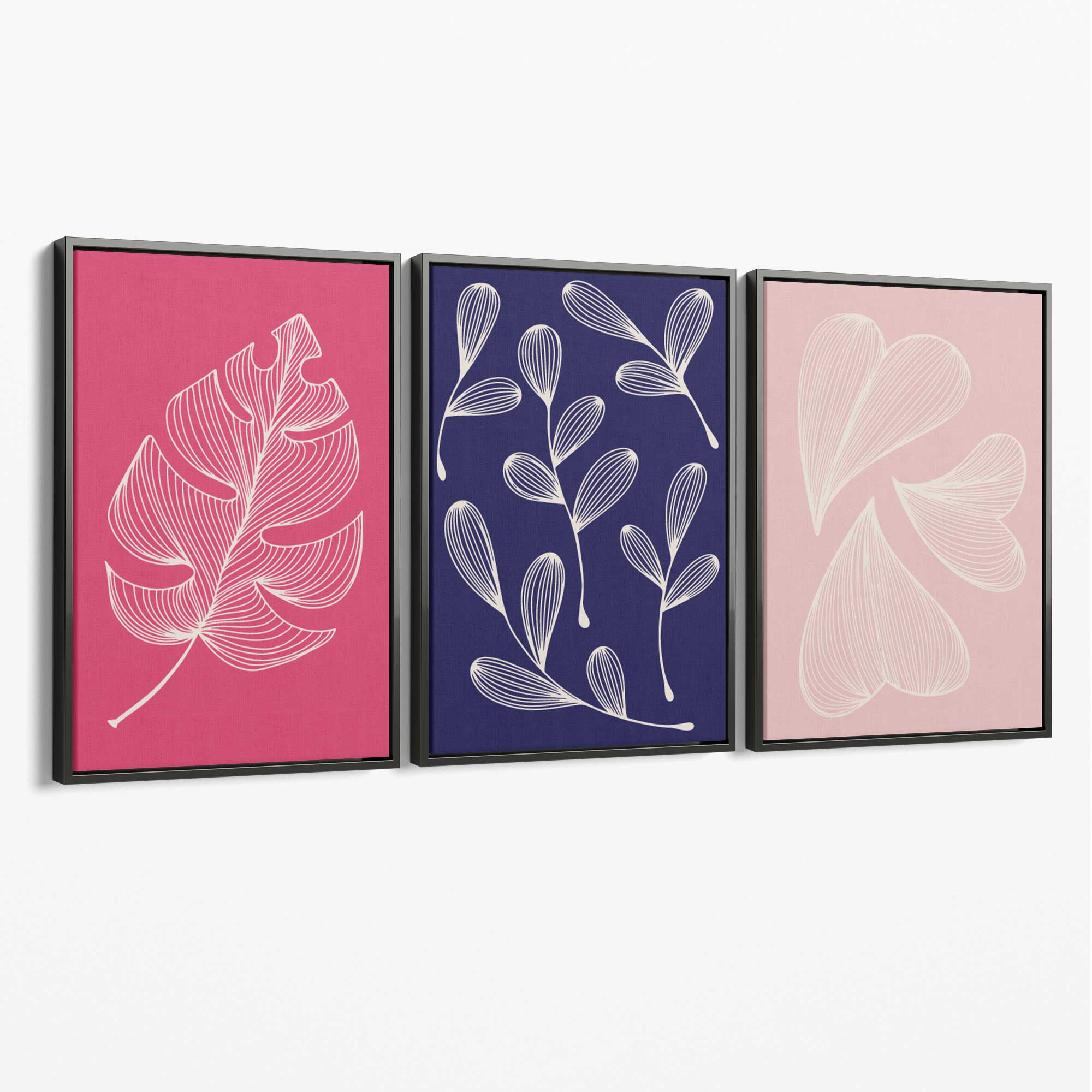 Pink and Purple Sketch Leaves Set of 3 Canvas Art Prints with Grey Float Frame