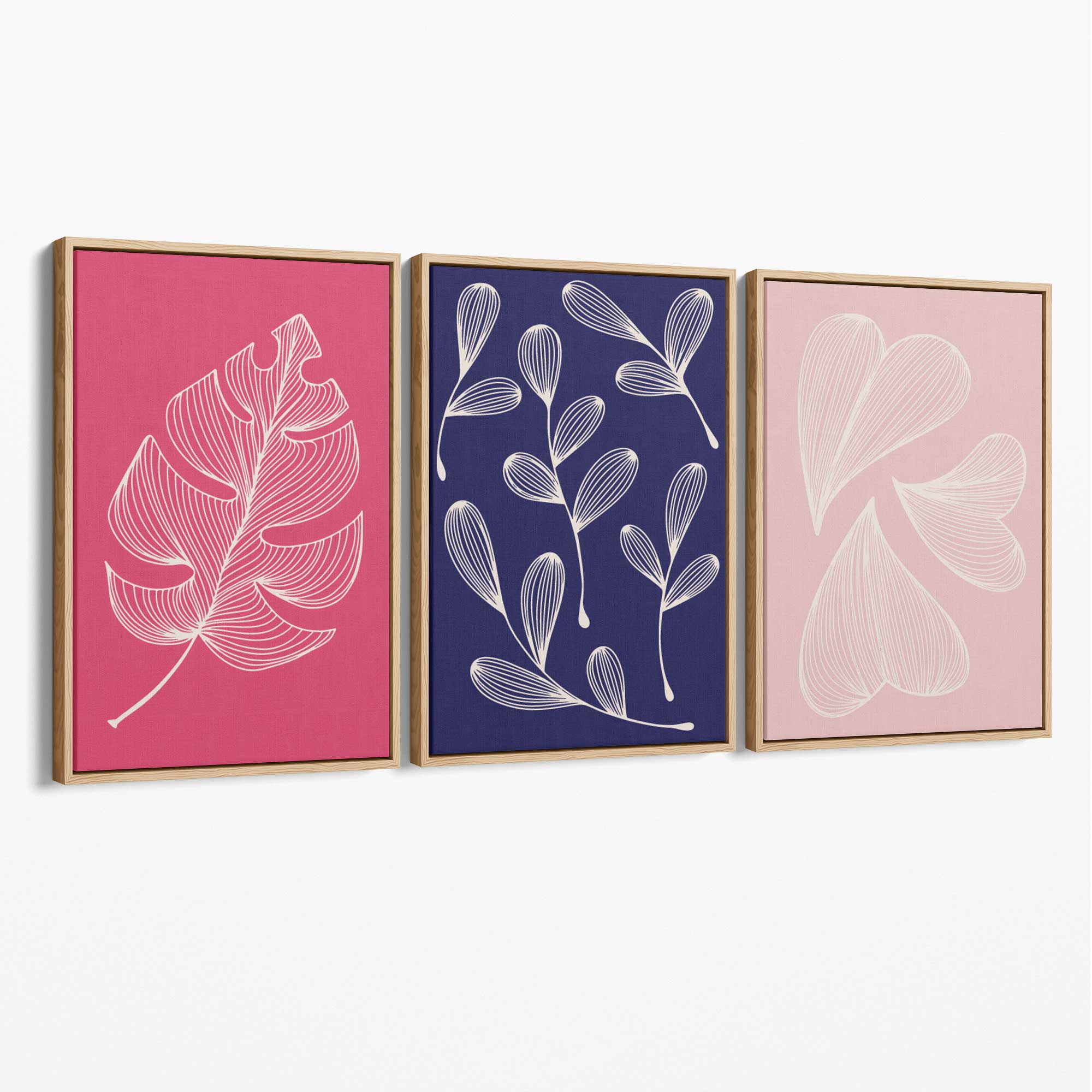 Pink and Purple Sketch Leaves Set of 3 Canvas Art Prints with Oak Float Frame