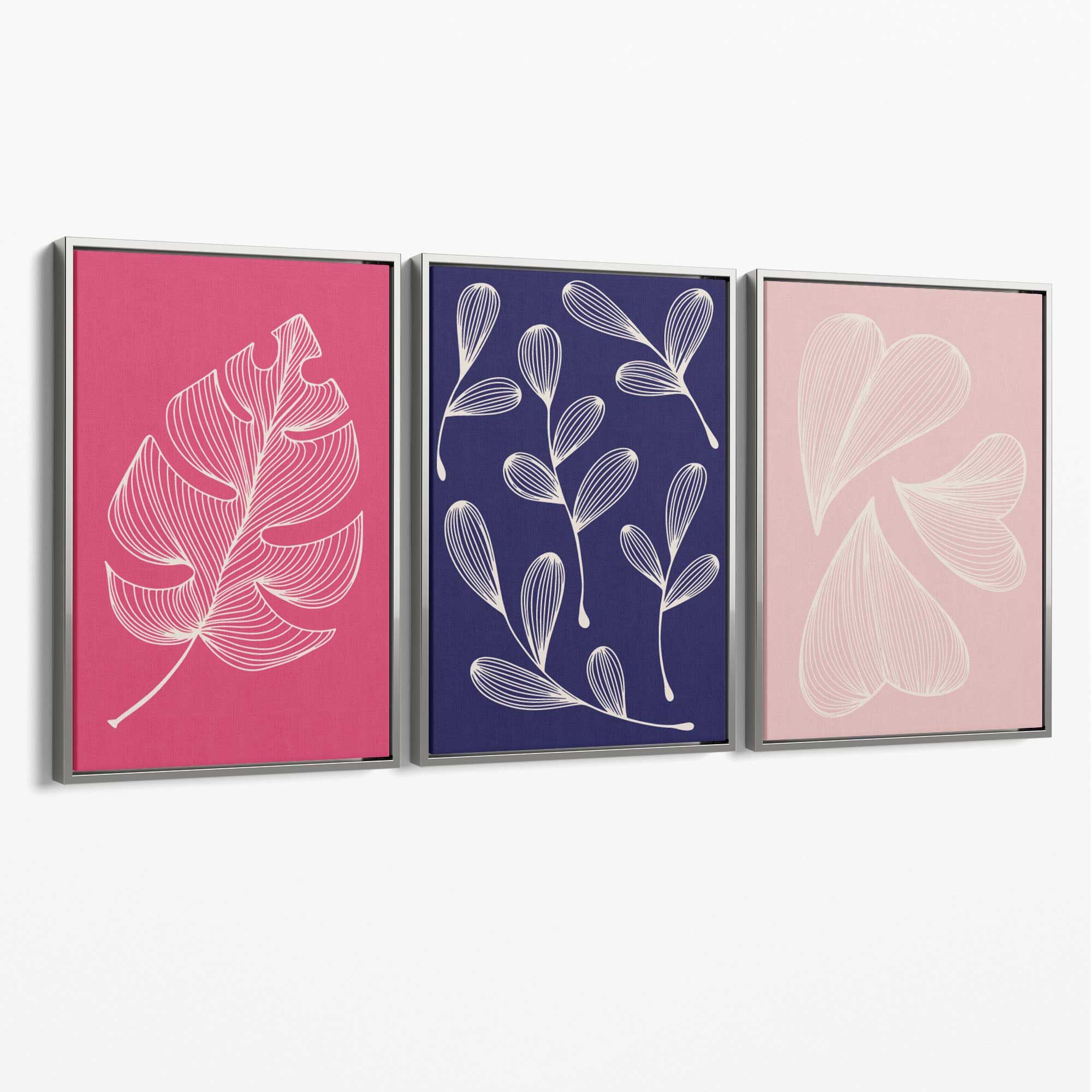 Pink and Purple Sketch Leaves Set of 3 Canvas Art Prints with Silver Float Frame