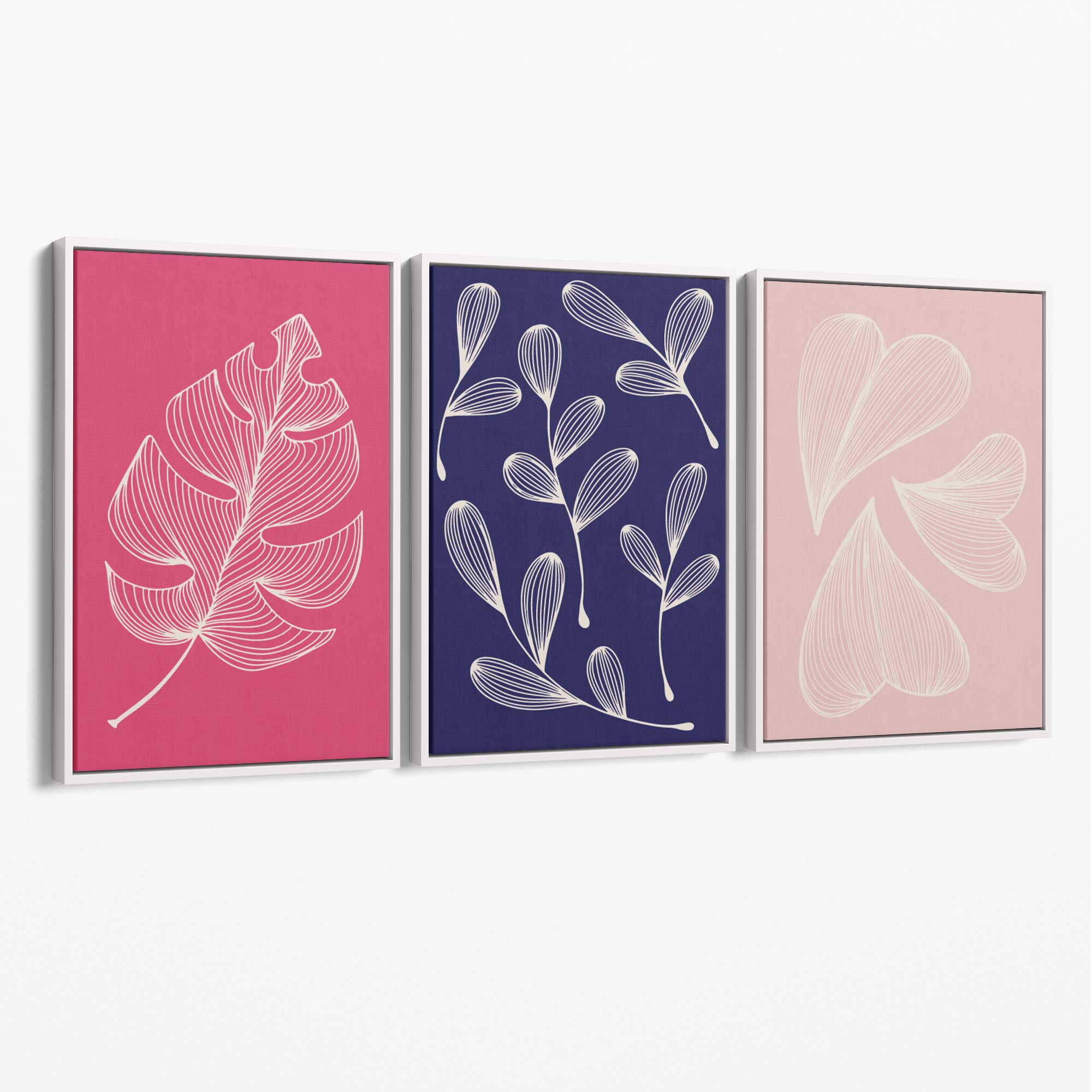 Pink and Purple Sketch Leaves Set of 3 Canvas Art Prints with White Float Frame