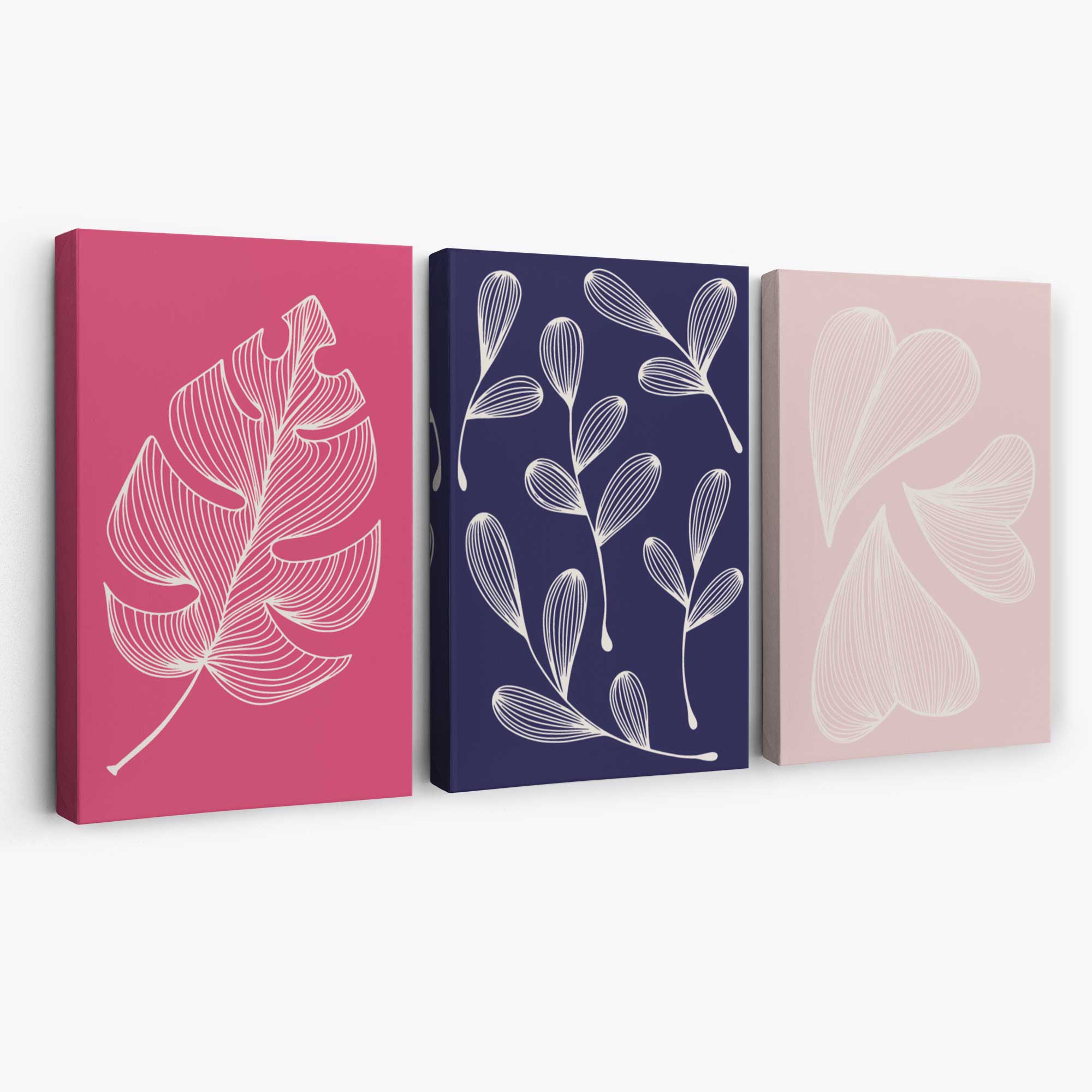 Pink and Purple Sketch Leaves Set of 3 Canvas Art Prints | Artze Wall Art