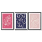 Pink and Purple Sketch Leaves Set of 3 Framed Art Prints with Dark Grey Wooden Frames