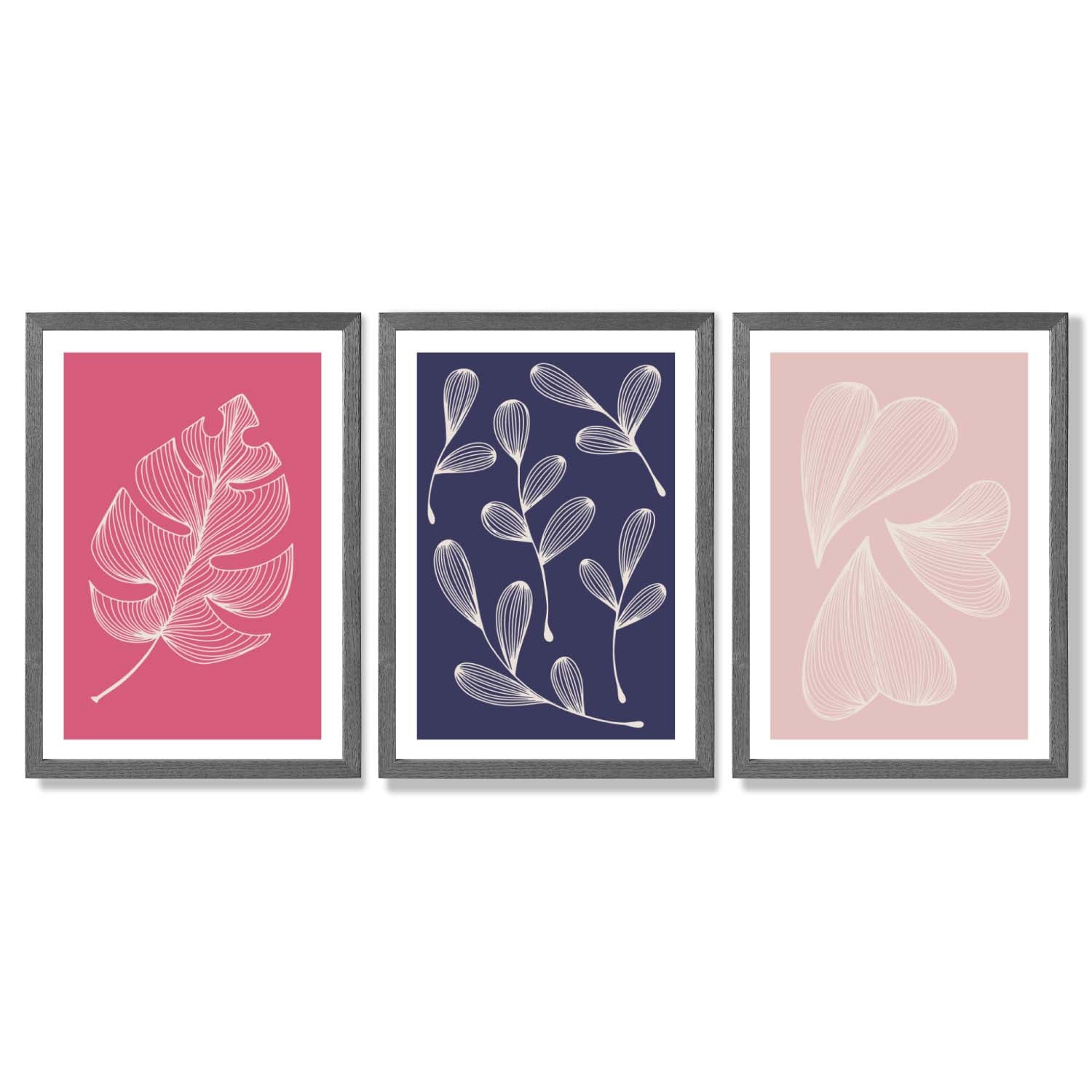 Pink and Purple Sketch Leaves Set of 3 Framed Art Prints with Dark Grey Wooden Frames