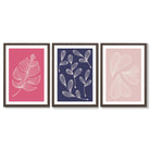 Pink and Purple Sketch Leaves Set of 3 Framed Art Prints with Dark Wood Frames