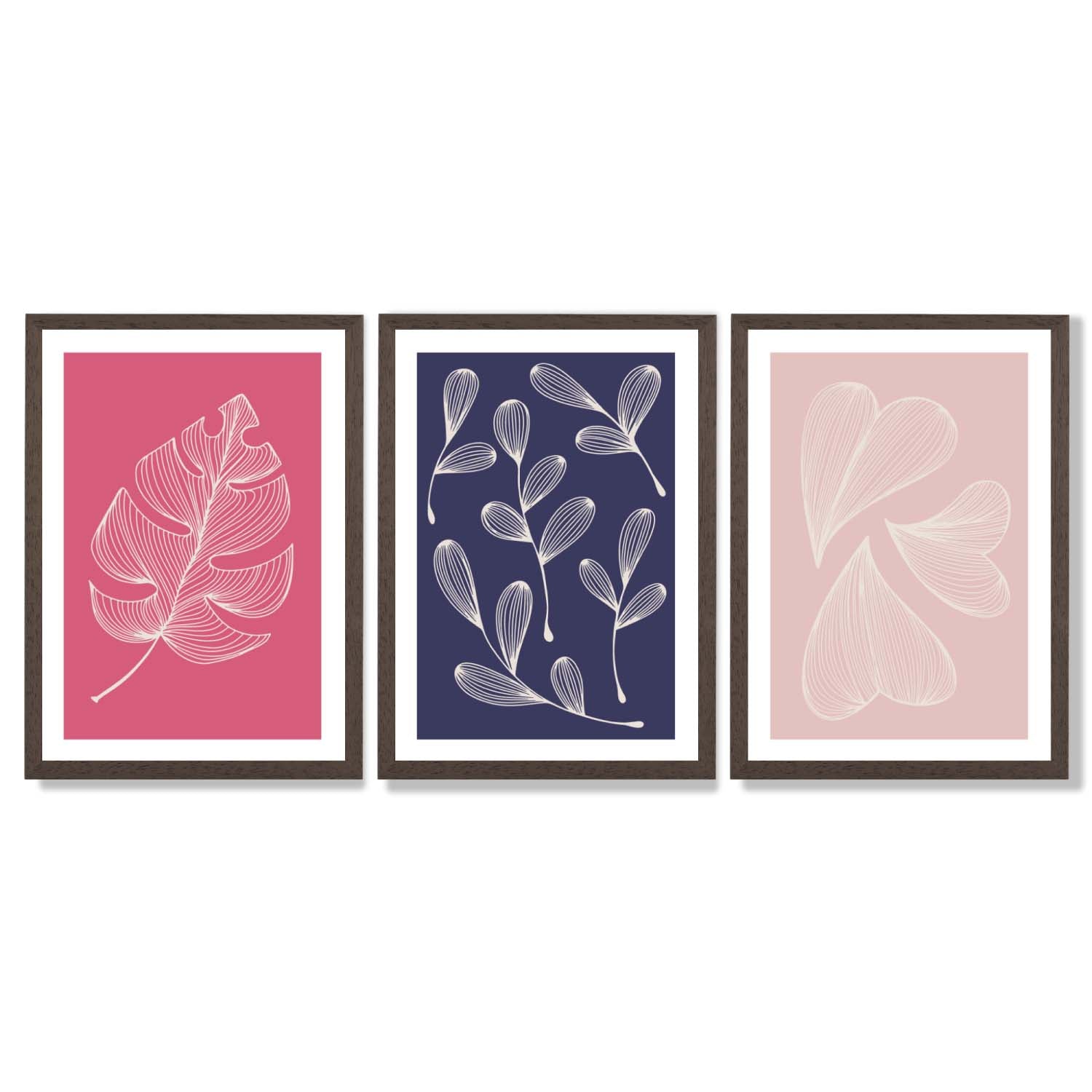 Pink and Purple Sketch Leaves Set of 3 Framed Art Prints with Dark Wood Frames