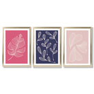 Pink and Purple Sketch Leaves Set of 3 Framed Art Prints with Gold Wood Frames