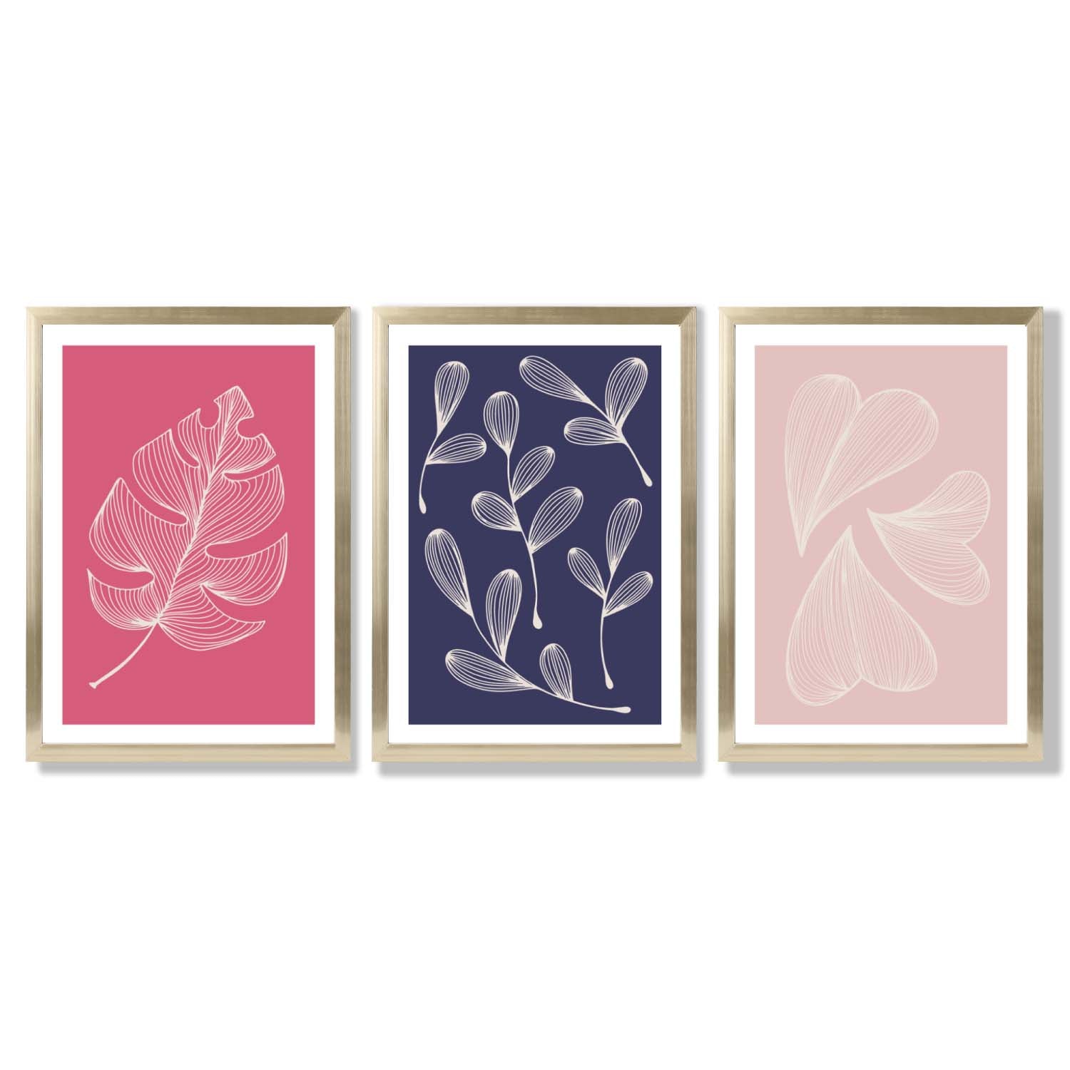 Pink and Purple Sketch Leaves Set of 3 Framed Art Prints with Gold Wood Frames