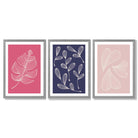 Pink and Purple Sketch Leaves Set of 3 Framed Art Prints with Light Grey Wooden Frames