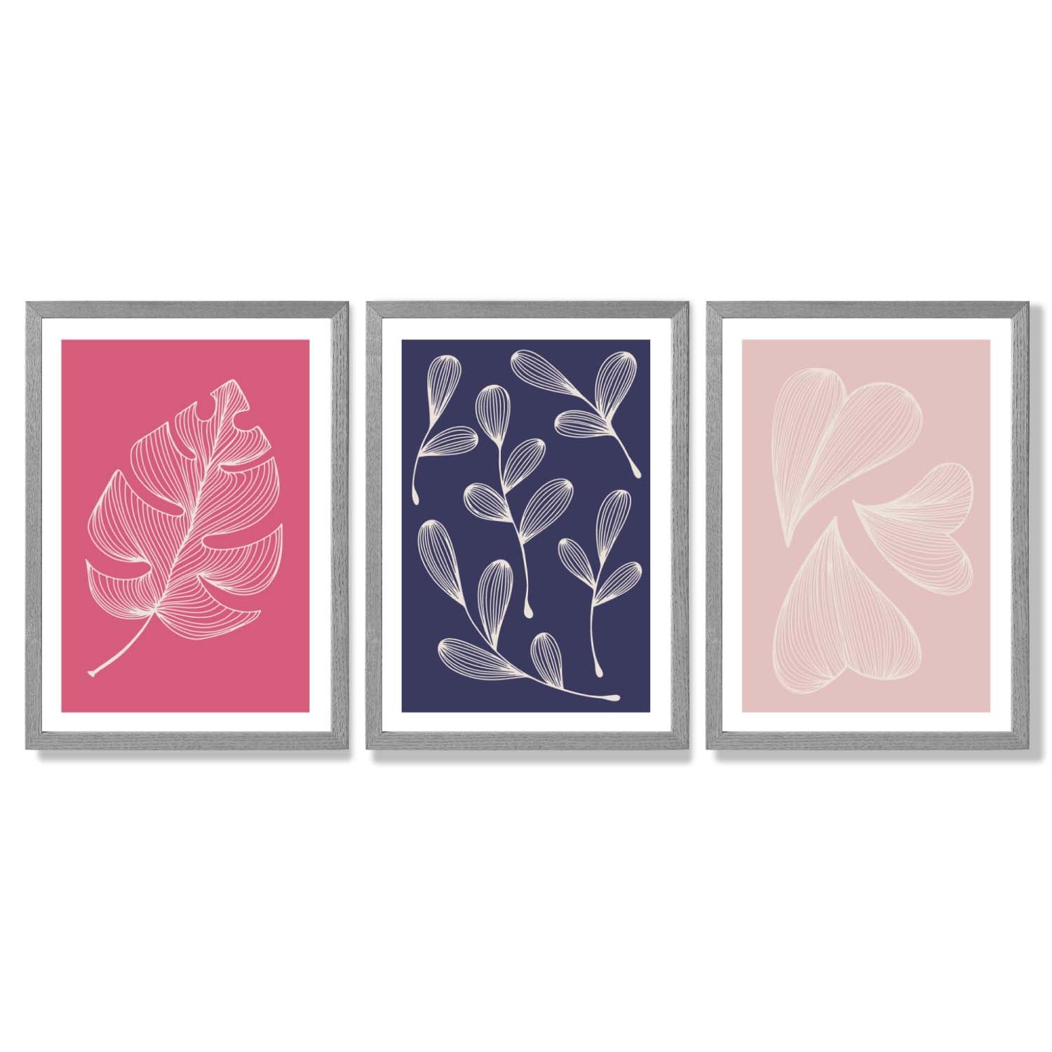 Pink and Purple Sketch Leaves Set of 3 Framed Art Prints with Light Grey Wooden Frames