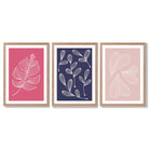 Pink and Purple Sketch Leaves Set of 3 Framed Art Prints with Light Oak Frames