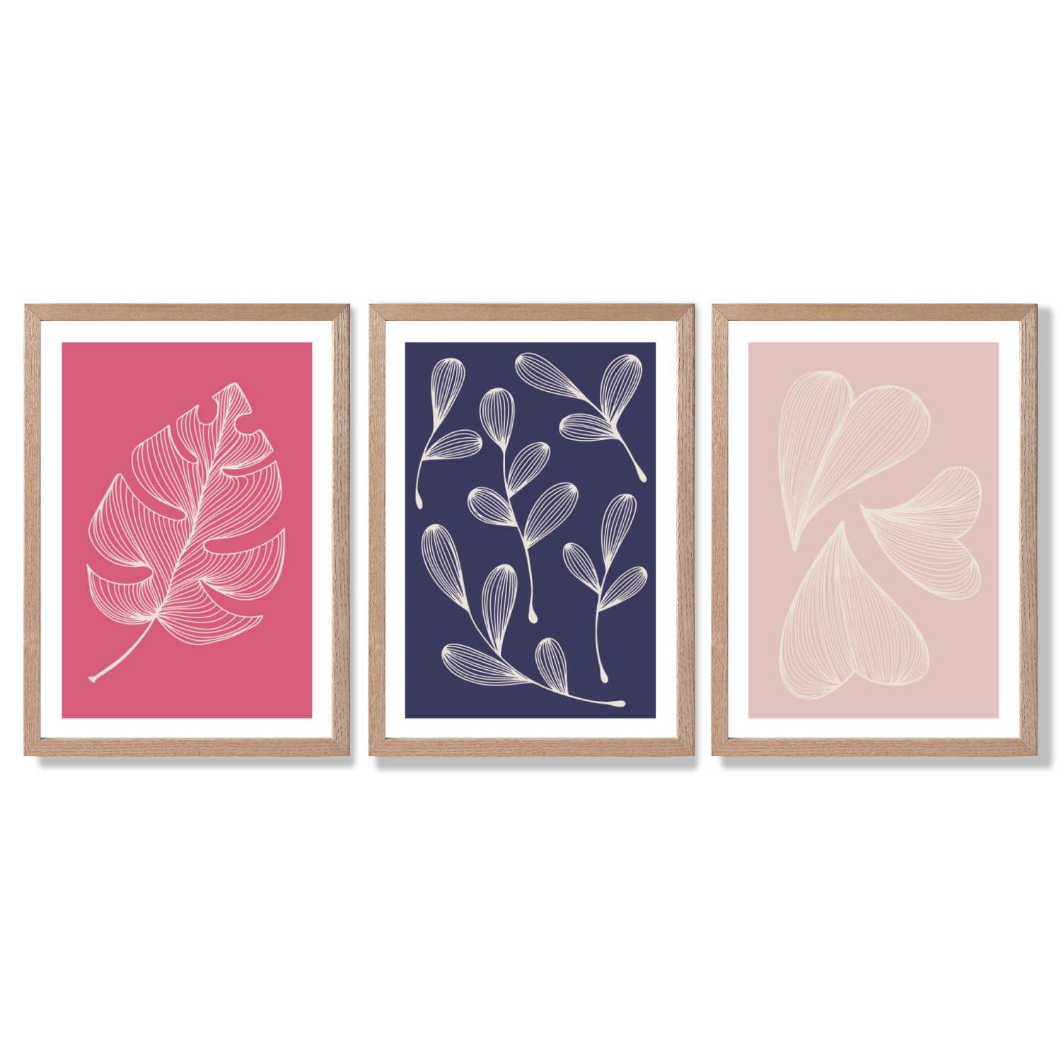 Pink and Purple Sketch Leaves Set of 3 Framed Art Prints with Light Oak Frames