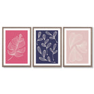 Pink and Purple Sketch Leaves Set of 3 Framed Art Prints with Light Walnut Frames