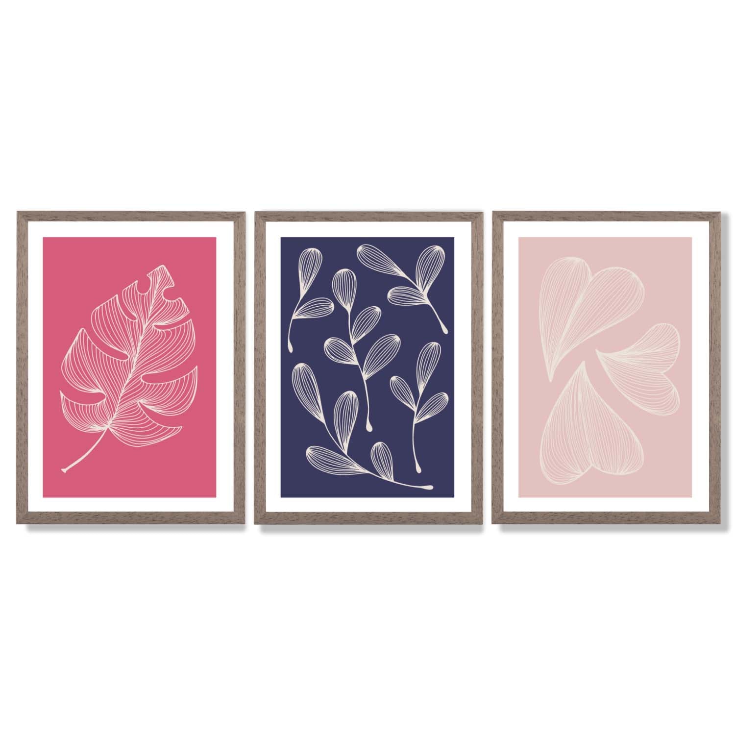 Pink and Purple Sketch Leaves Set of 3 Framed Art Prints with Light Walnut Frames