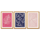Pink and Purple Sketch Leaves Set of 3 Framed Art Prints with Oak Wooden Frames