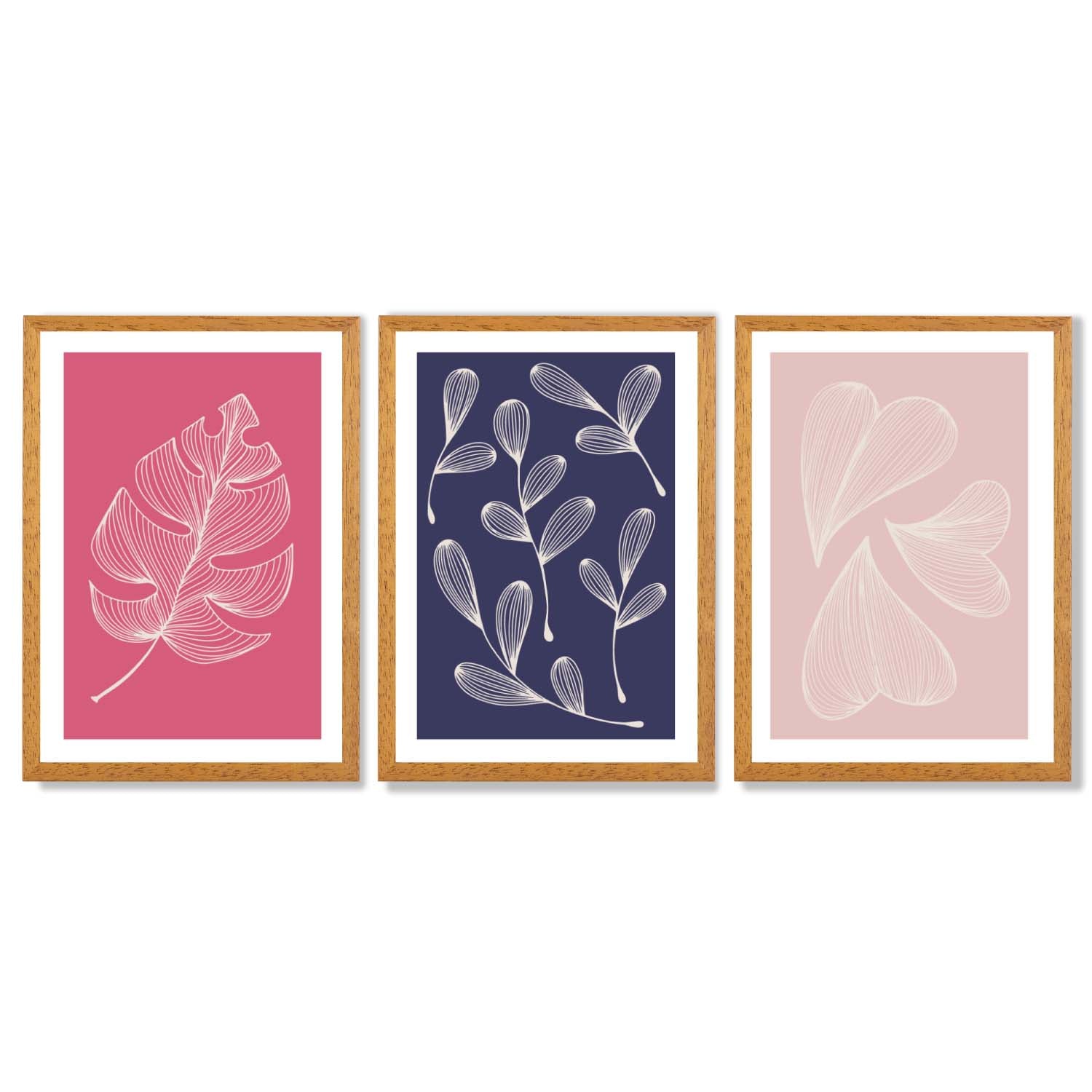 Pink and Purple Sketch Leaves Set of 3 Framed Art Prints with Oak Wooden Frames