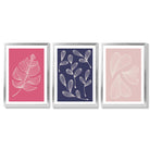 Pink and Purple Sketch Leaves Set of 3 Framed Art Prints with Silver Wood Frames