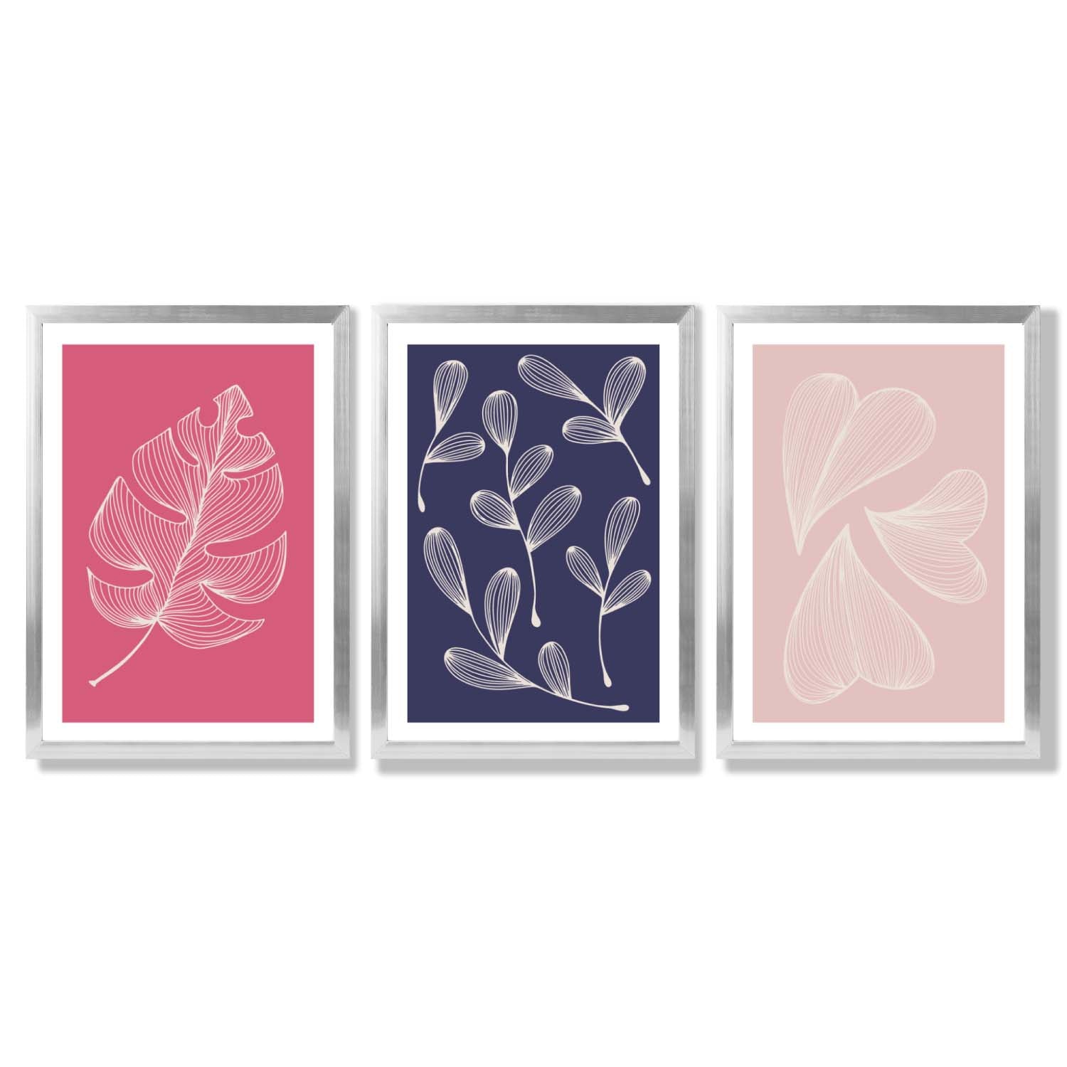 Pink and Purple Sketch Leaves Set of 3 Framed Art Prints with Silver Wood Frames