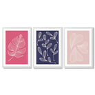 Pink and Purple Sketch Leaves Set of 3 Framed Art Prints with White Wooden Frames