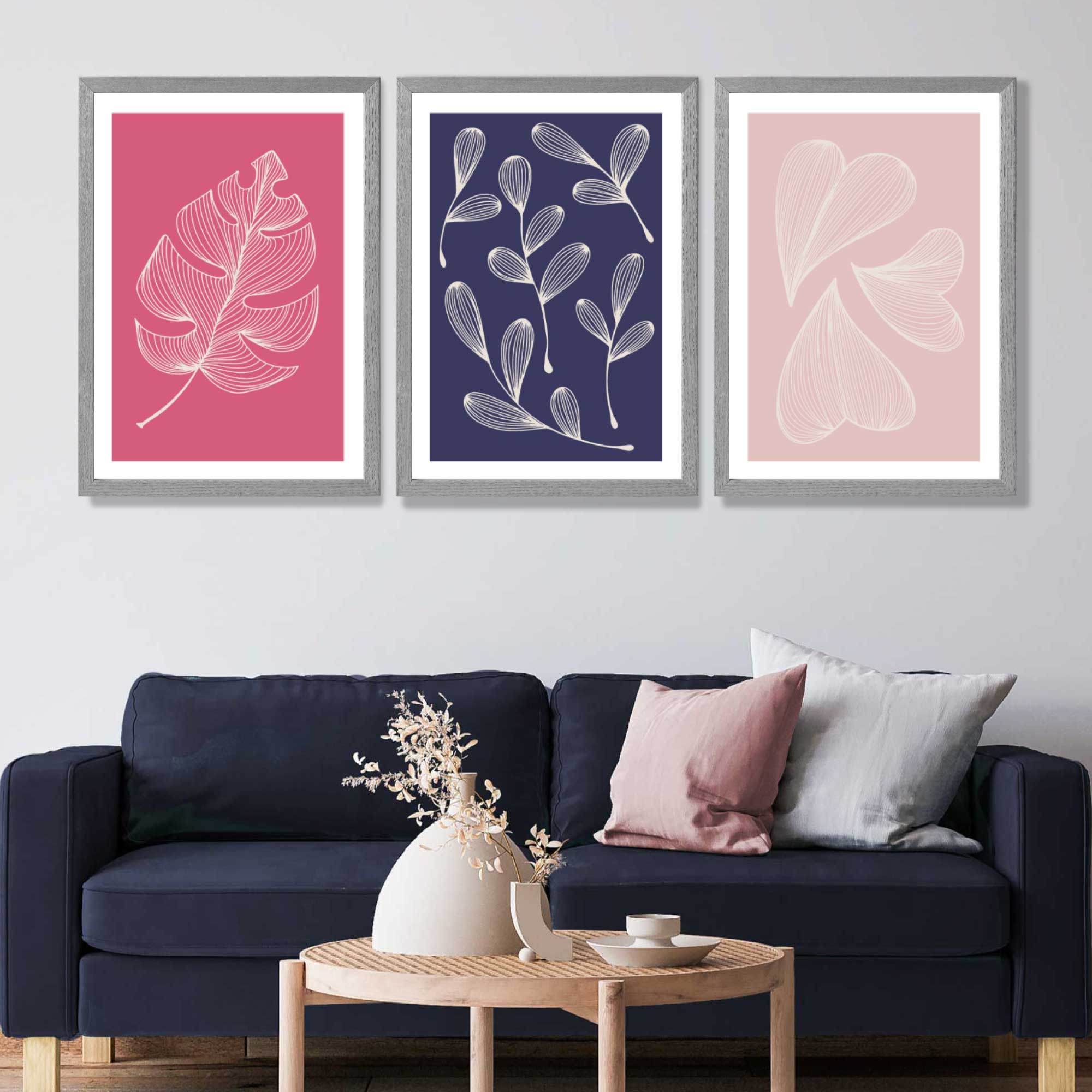 Pink and Purple Sketch Leaves Set of 3 Art Prints in Luxury Frames | Artze UK