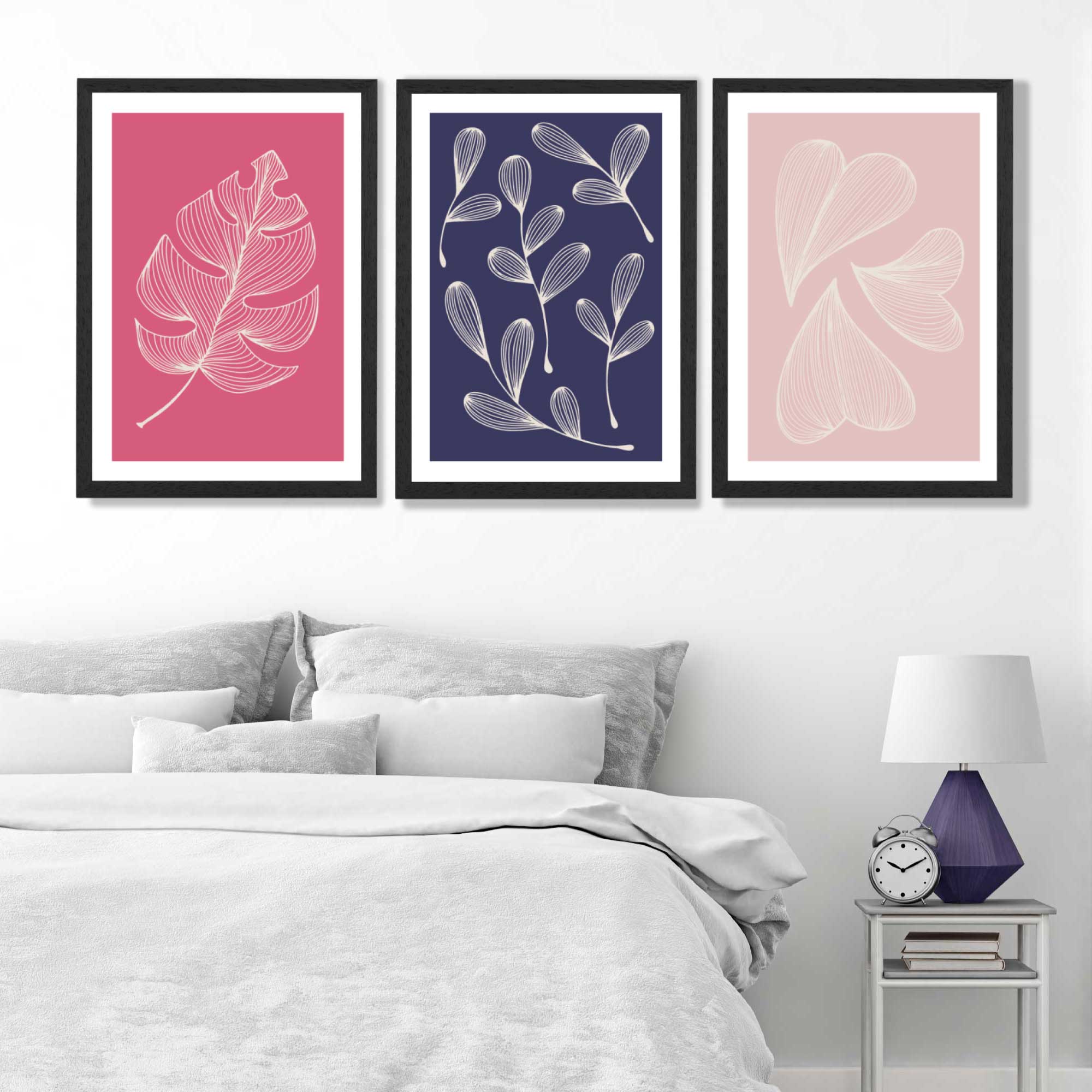Pink and Purple Sketch Leaves Set of 3 Art Prints in Black Frames | Artze UK