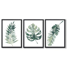 Sage Green Geometric Tropica Leaves Leaves Set of 3 Framed Art Prints with Black Wooden Frames