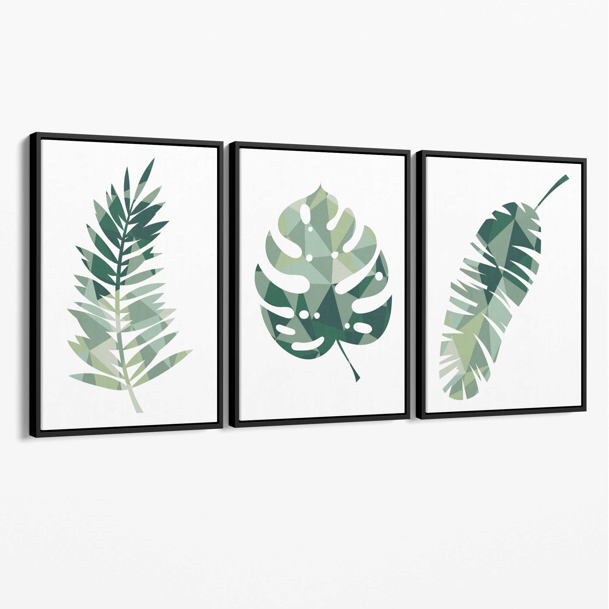 Sage Green Geometric Tropica Leaves Leaves Set of 3 Canvas Art Prints with Black Float Frame