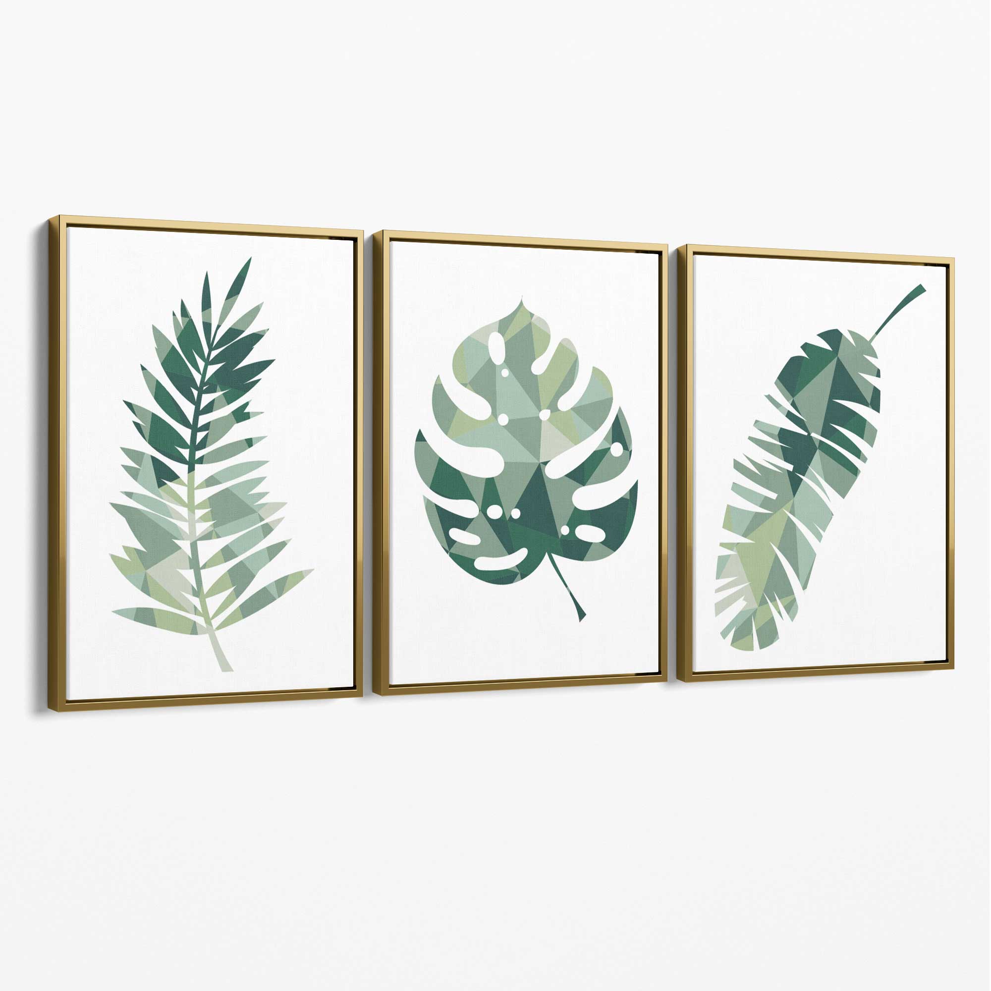 Sage Green Geometric Tropica Leaves Leaves Set of 3 Canvas Art Prints with Gold Float Frame