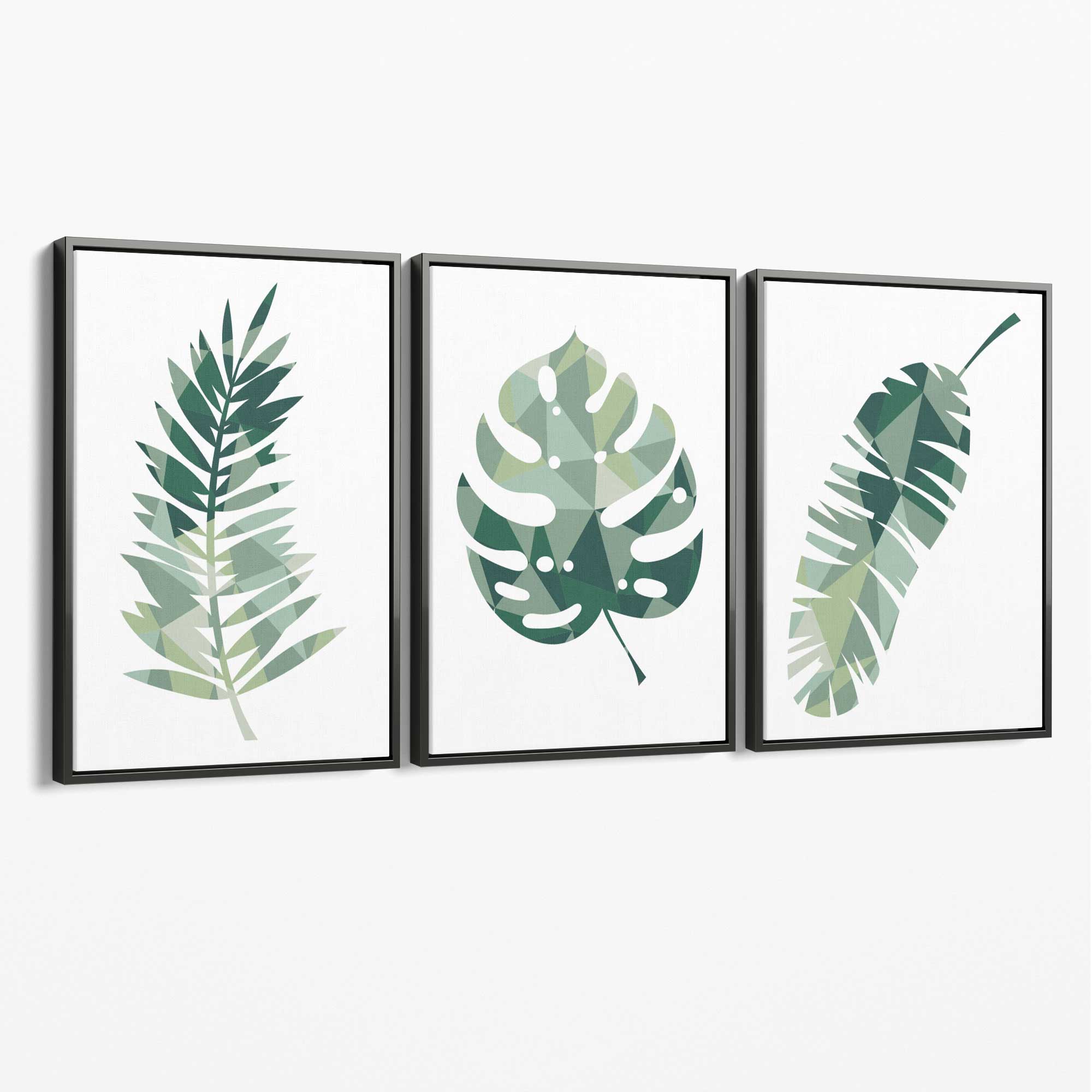 Sage Green Geometric Tropica Leaves Leaves Set of 3 Canvas Art Prints with Grey Float Frame