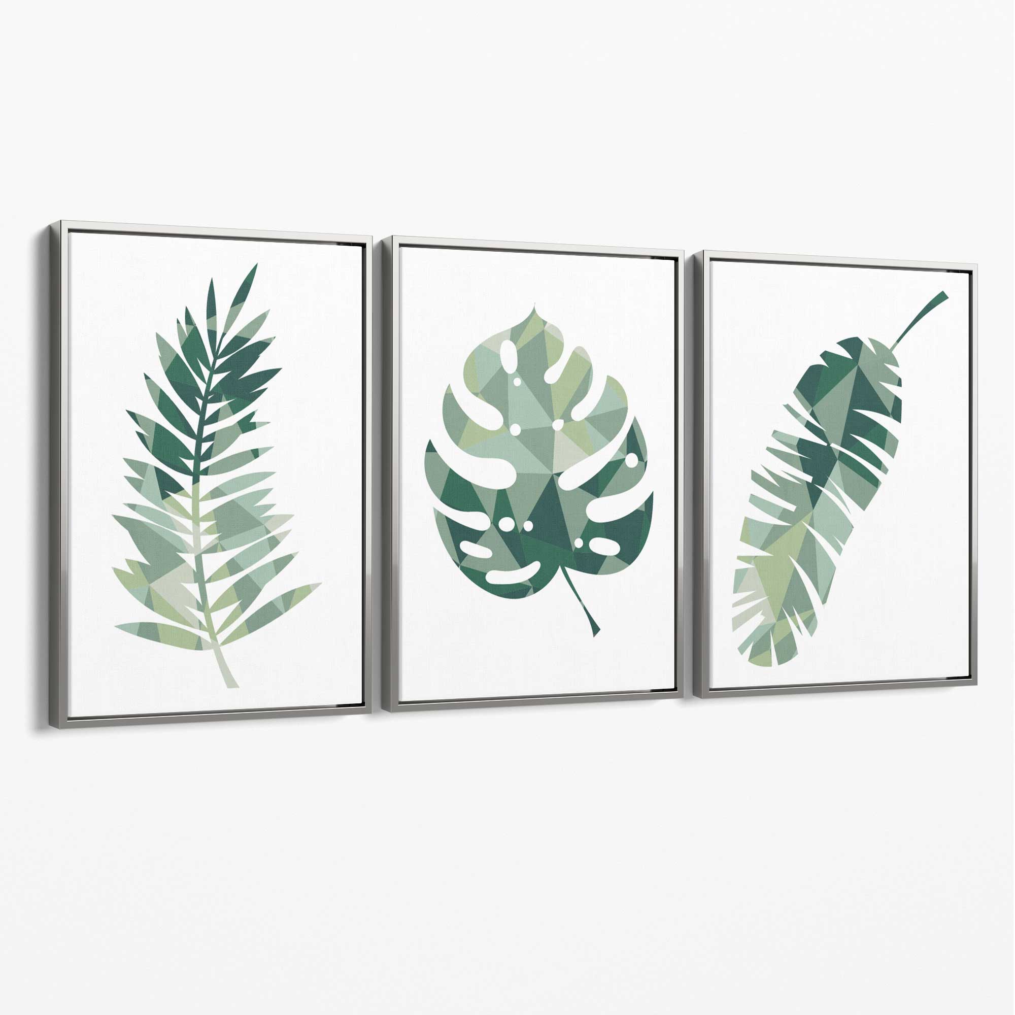 Sage Green Geometric Tropica Leaves Leaves Set of 3 Canvas Art Prints with Silver Float Frame