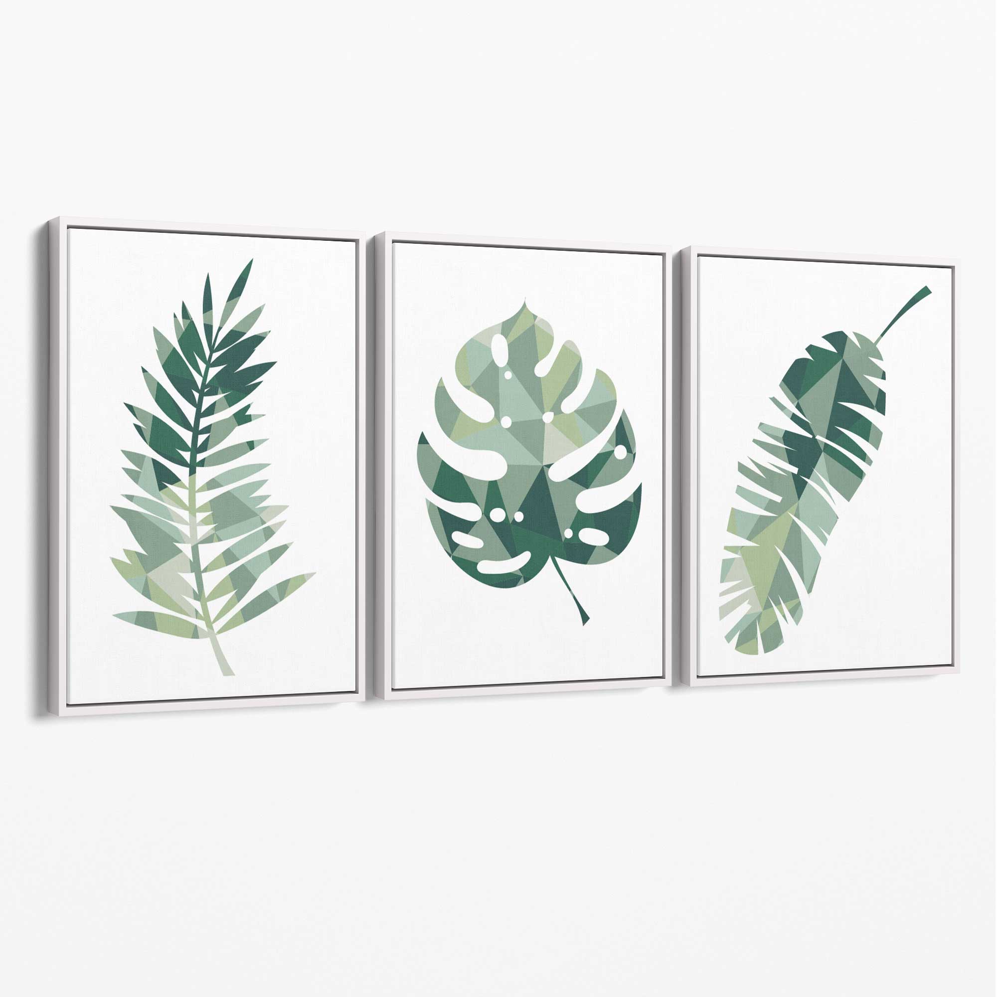 Sage Green Geometric Tropica Leaves Leaves Set of 3 Canvas Art Prints with White Float Frame