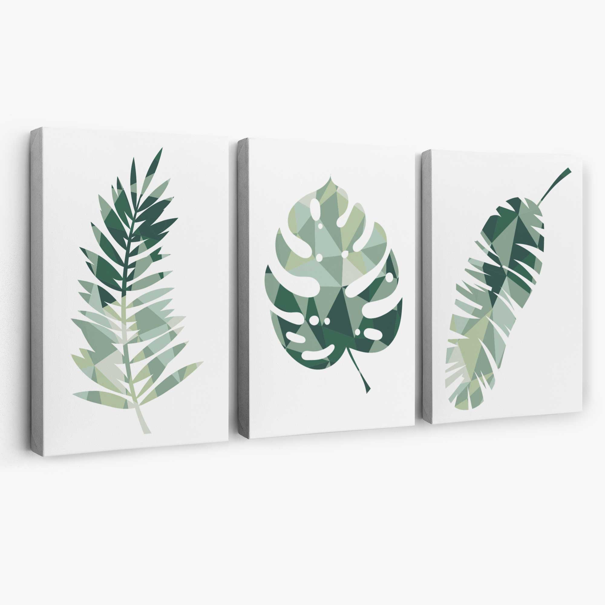 Sage Green Geometric Tropica Leaves Leaves Set of 3 Canvas Art Prints | Artze Wall Art