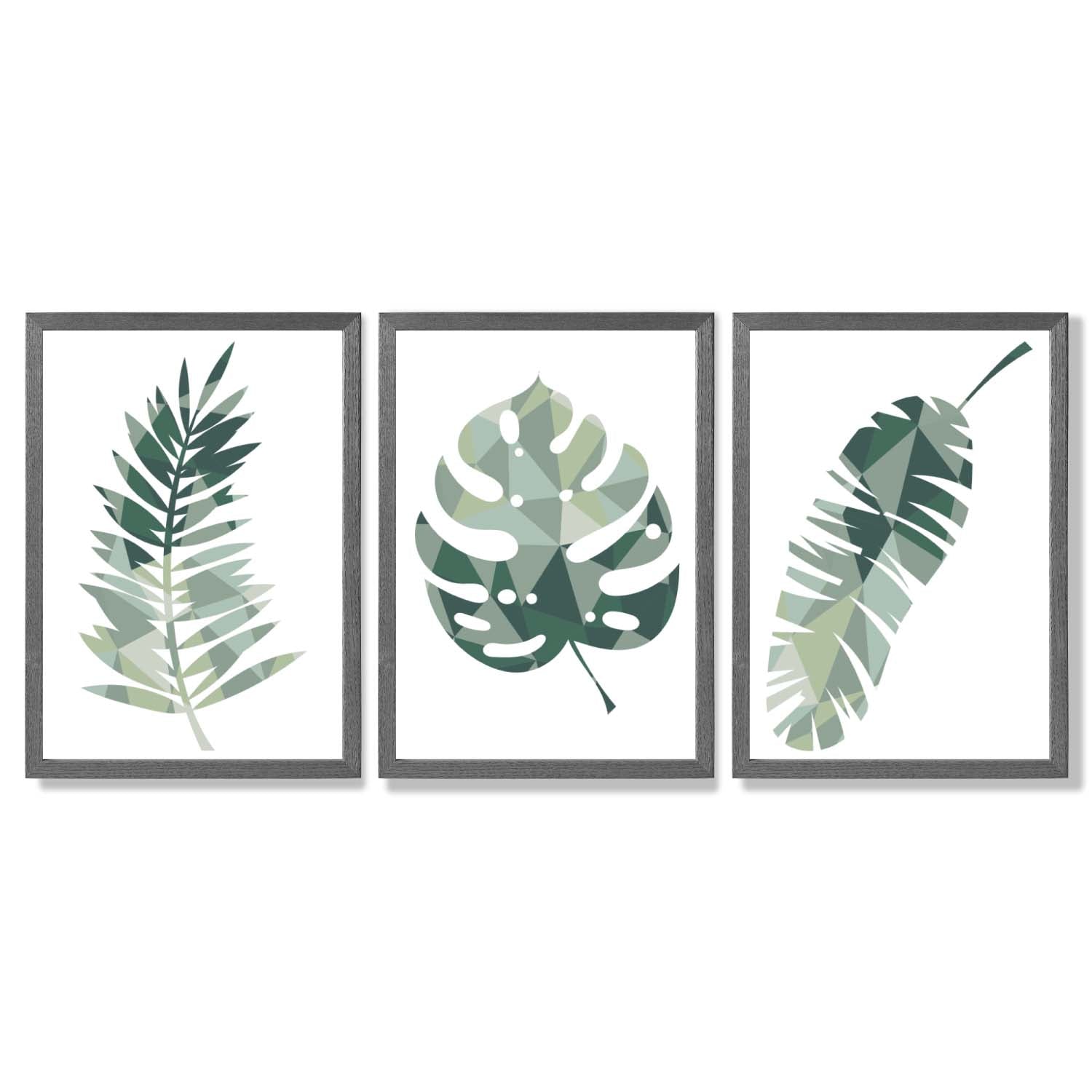 Sage Green Geometric Tropica Leaves Leaves Set of 3 Framed Art Prints with Dark Grey Wooden Frames