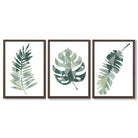 Sage Green Geometric Tropica Leaves Leaves Set of 3 Framed Art Prints with Dark Wood Frames