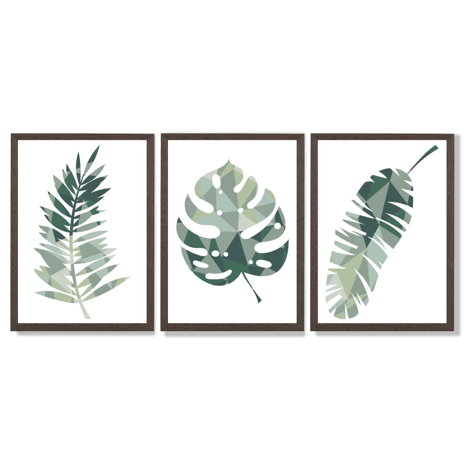 Sage Green Geometric Tropica Leaves Leaves Set of 3 Framed Art Prints with Dark Wood Frames