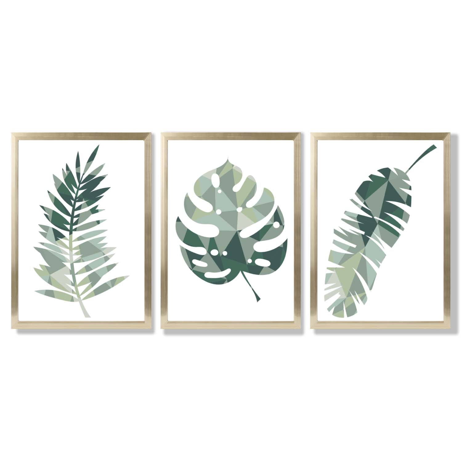 Sage Green Geometric Tropica Leaves Leaves Set of 3 Framed Art Prints with Gold Wood Frames