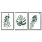 Sage Green Geometric Tropica Leaves Leaves Set of 3 Framed Art Prints with Light Grey Wooden Frames