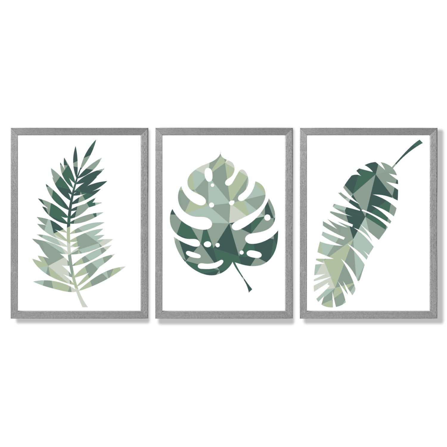 Sage Green Geometric Tropica Leaves Leaves Set of 3 Framed Art Prints with Light Grey Wooden Frames
