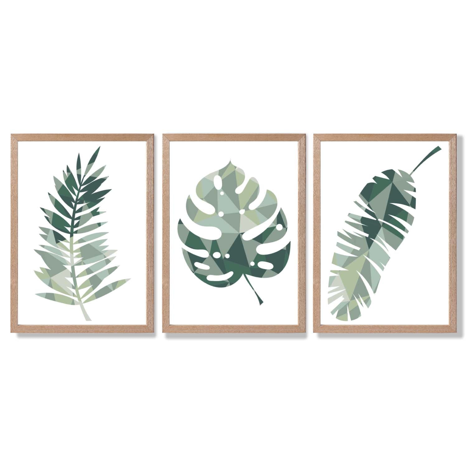 Sage Green Geometric Tropica Leaves Leaves Set of 3 Framed Art Prints with Light Oak Frames