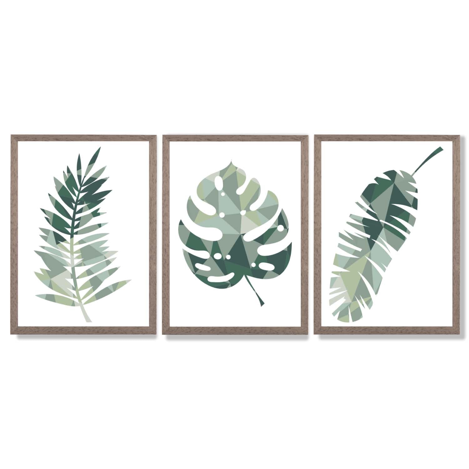 Sage Green Geometric Tropica Leaves Leaves Set of 3 Framed Art Prints with Light Walnut Frames
