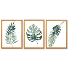 Sage Green Geometric Tropica Leaves Leaves Set of 3 Framed Art Prints with Oak Wooden Frames
