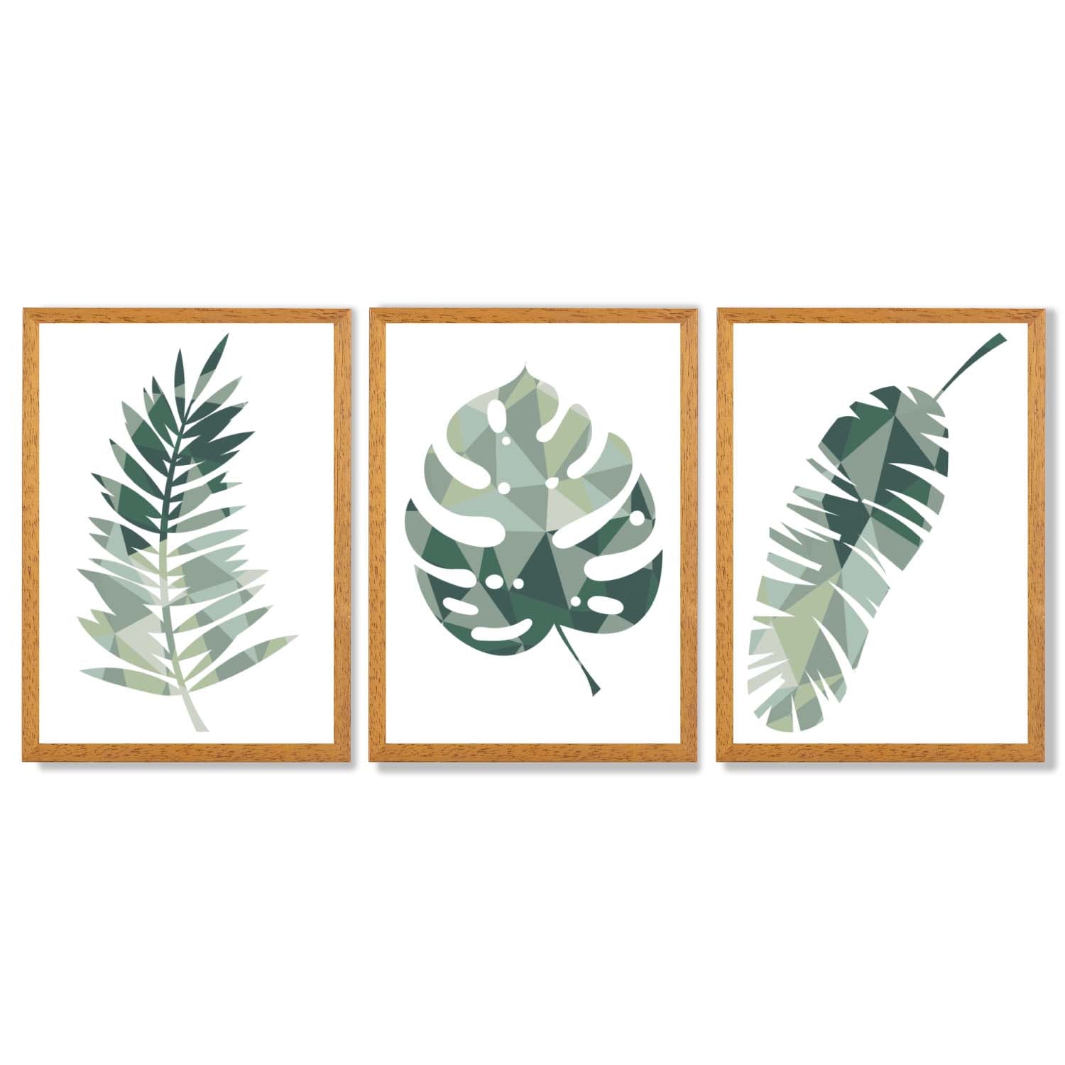 Sage Green Geometric Tropica Leaves Leaves Set of 3 Framed Art Prints with Oak Wooden Frames