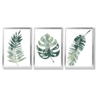 Sage Green Geometric Tropica Leaves Leaves Set of 3 Framed Art Prints with Silver Wood Frames