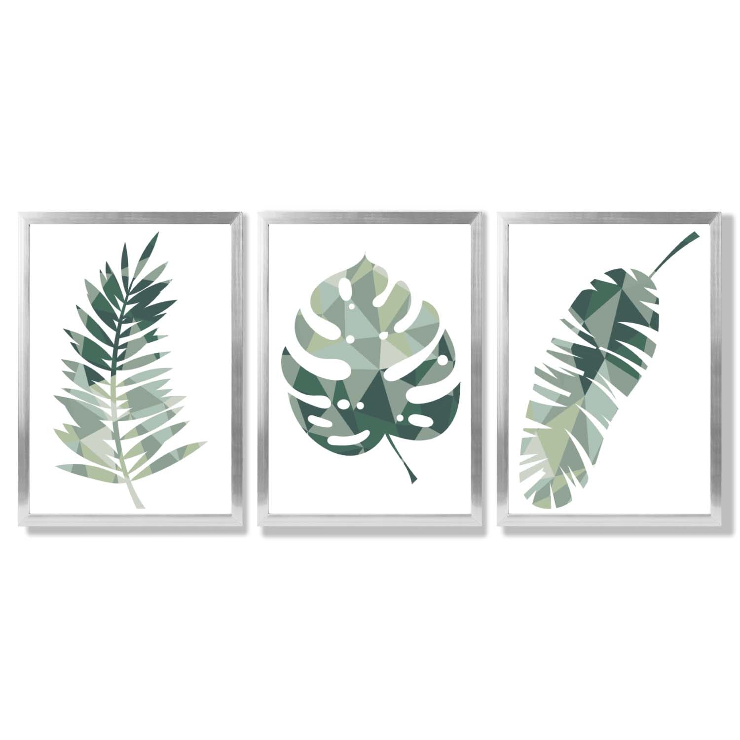 Sage Green Geometric Tropica Leaves Leaves Set of 3 Framed Art Prints with Silver Wood Frames