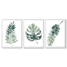 Sage Green Geometric Tropica Leaves Leaves Set of 3 Framed Art Prints with White Wooden Frames