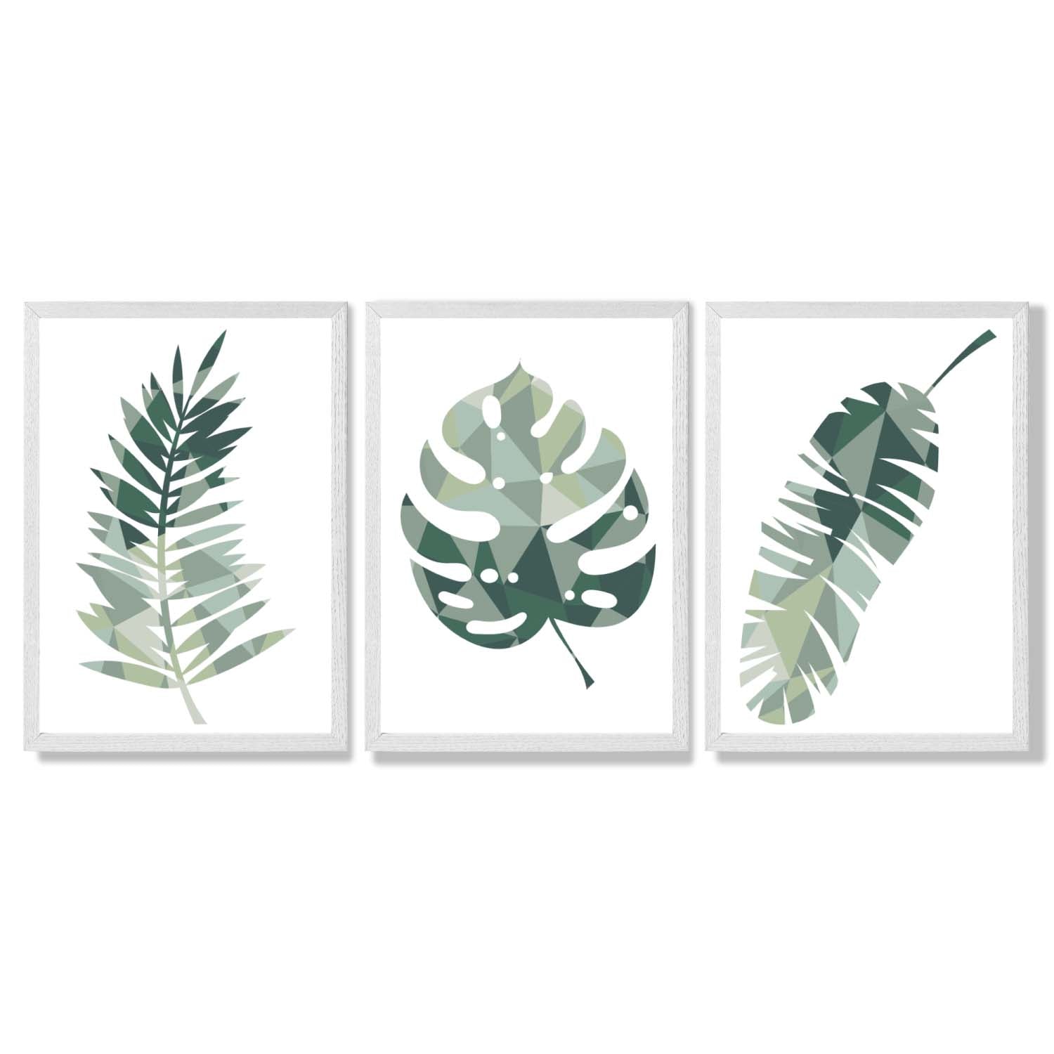 Sage Green Geometric Tropica Leaves Leaves Set of 3 Framed Art Prints with White Wooden Frames