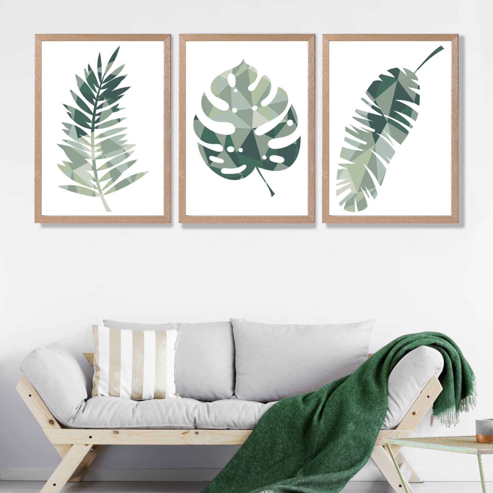 Sage Green Geometric Tropica Leaves Leaves Set of 3 Art Prints in Luxury Frames | Artze UK